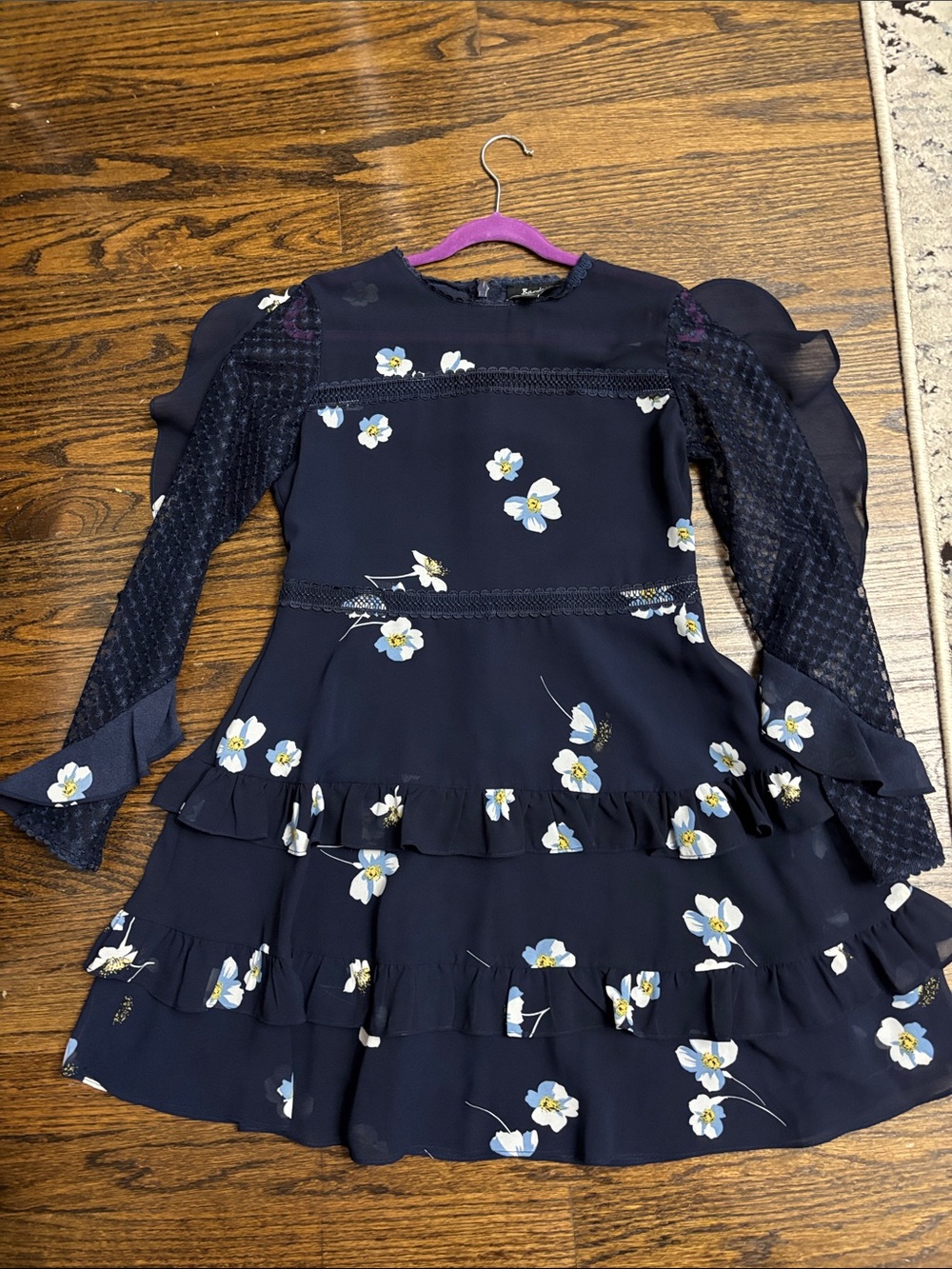 Bardot Navy Floral Ruffle-Tier Dress with Sheer Sleeves